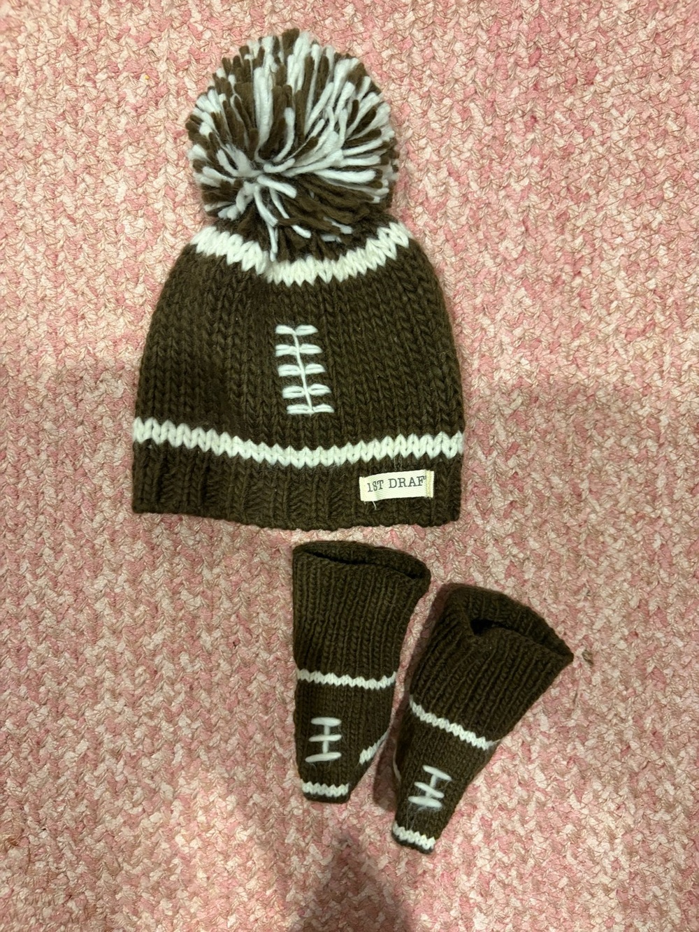 Brown & White Knit Pom Beanie with Matching Boot Covers for Kids